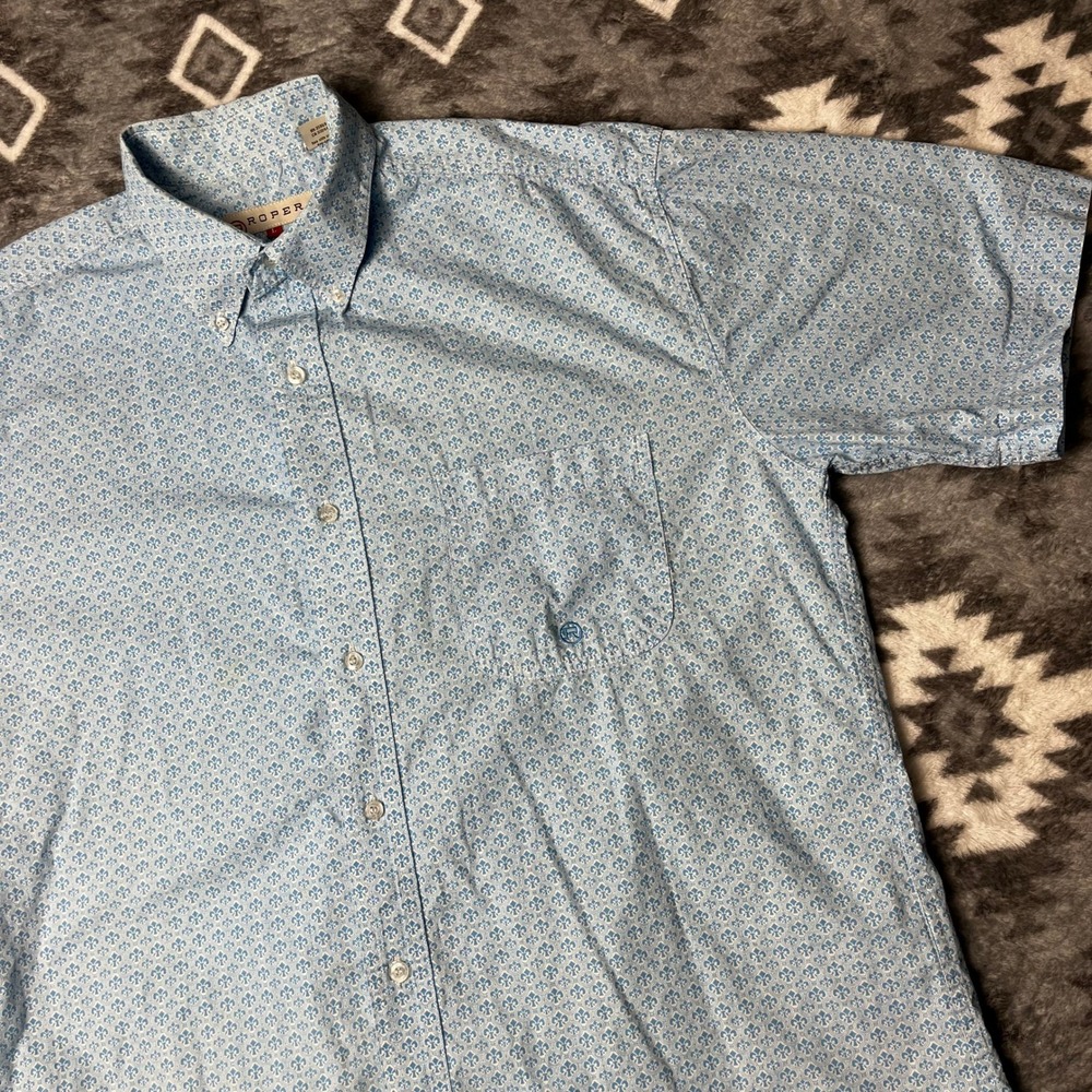 Roper Mens Blue Fleur De Lis Short Sleeve Button Down Western Shirt Large